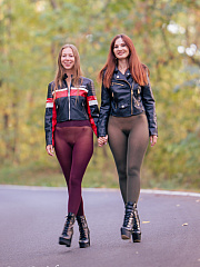 Jeny's autumn walk with her friend in colored seamless pantyhose